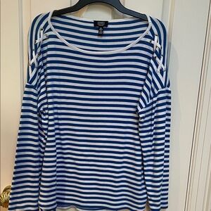 Jones New York JNY Signature sz XL Blue white striped Lace-Up Shoulders nautical